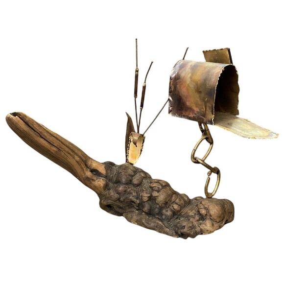 Brutalist Metal Driftwood Base Cattails Mailbox Sculpture Vintage MCM Art Piece - Picture 1 of 10